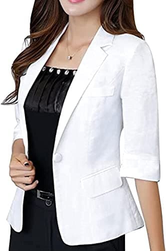 Jofemuho Women's Casual Solid Cotton Linen 3/4 Sleeve Short Work Blazer Jacket with Pocket — White