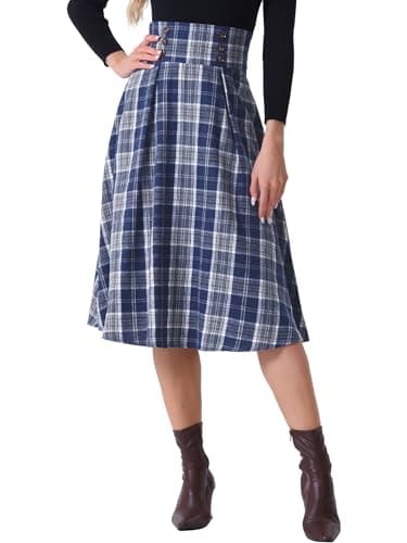 Allegra K Women's High Elastic Waist Tartan Midi Skirt — Dark Blue