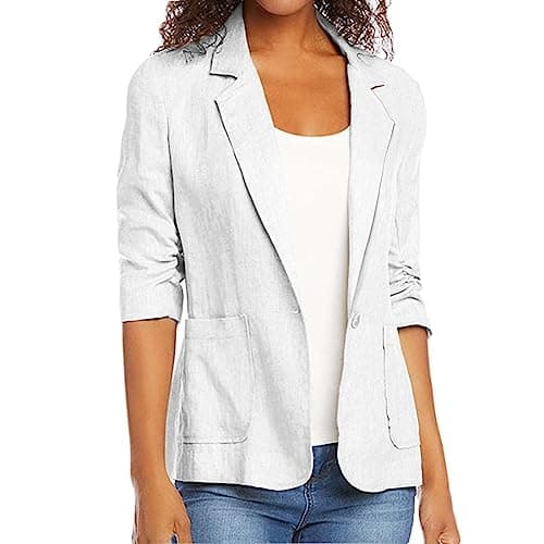 Zowzowkot Women's Lightweight Stretchy Linen Blazer Suit Summer Jackets with Pockets — White