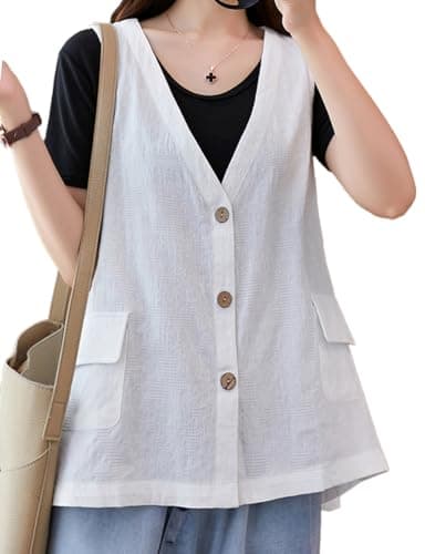 Womens Jacquard Linen Vest/Button Down Sleeveless Blazer — White