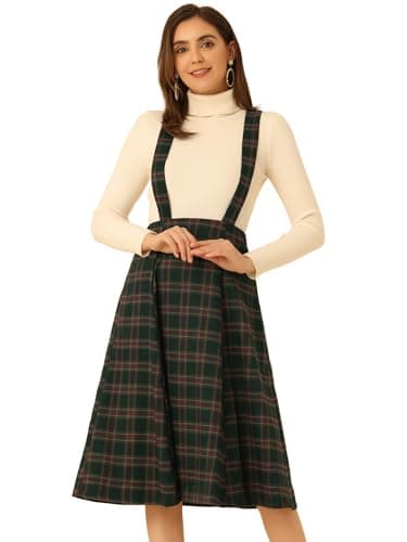 Allegra K Women's Vintage Tartan Suspender Midi Dress High Waist A-Line — Dark Green