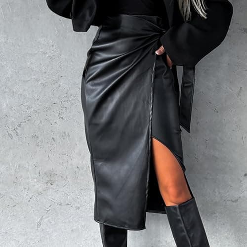 High Waist Pu Zipper Faux Leather Pencil Skirt with Tummy Control Split Midi Skirts