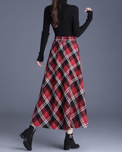 Womens Long Wool Plaid High Waist Flared Skirt Winter Warm