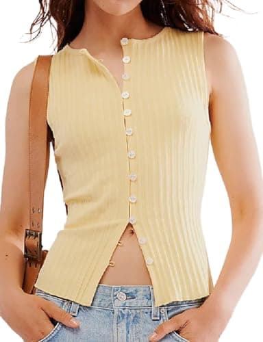 IDEALSANXUN Ribbed Button-Up Tank Tops for Women Y2K Cute Summer Tops — Yellow