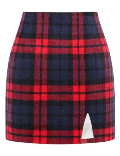 High Waisted Wool Plaid Mini Skirt with Slit for Women by IDEALSANXUN — Red 01