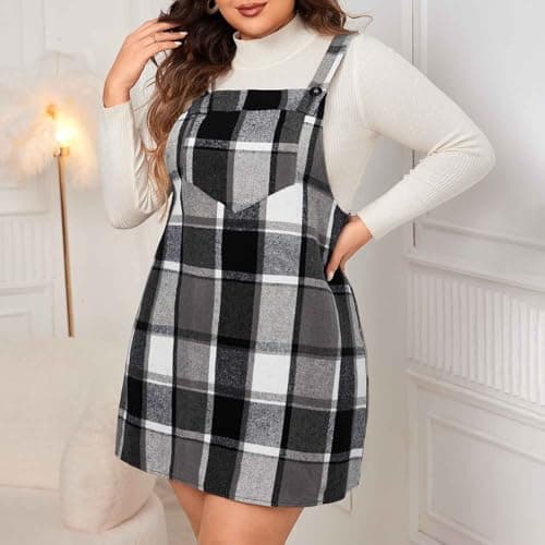 YADEOU Women Plus Size Cute Plaid Pinafore Dress with Pocket