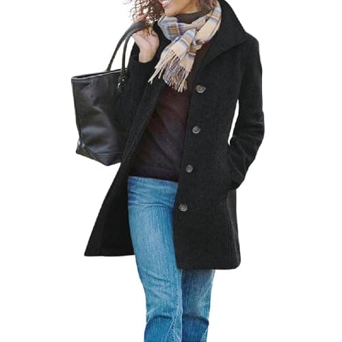 GVLDPOH Women's Winter Wool Blend Pea Coat with Stand Collar — Black