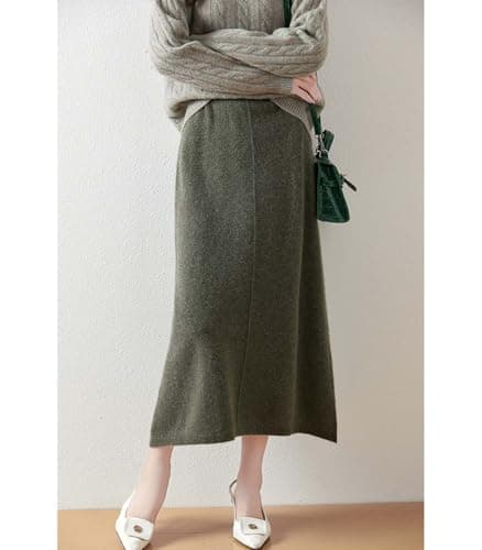 Ailaile Women's 100% Merino Wool Ribbed Knit Mid-Length Skirt for Fall & Winter