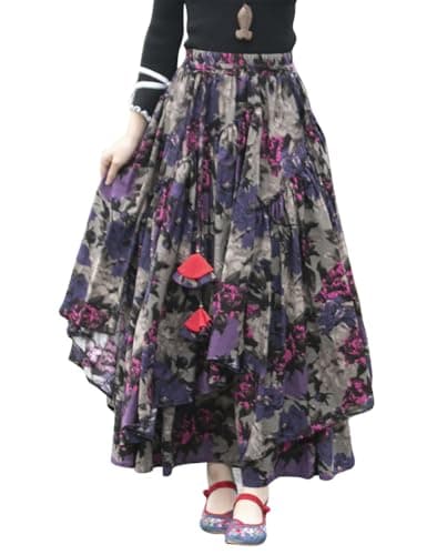 Womens Elastic Waist Retro Maxi Pleated Long Skirt — Print 616