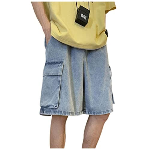 POHADON Men's Baggy Denim Shorts Casual Hip Hop Y2K Cargo Jeans — Pocket Sky