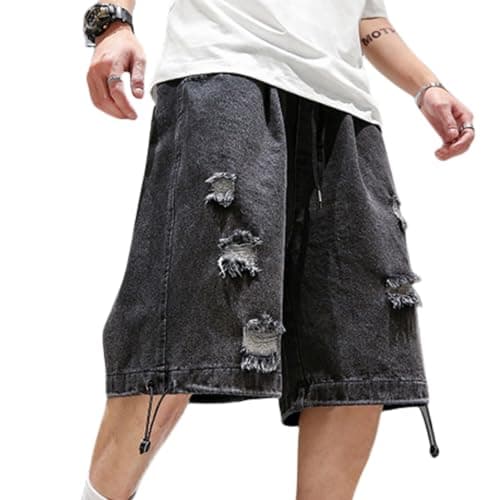 FCOOLYEET Mens Y2K Ripped Baggy Shorts Aesthetic Jeans — Pdj#black