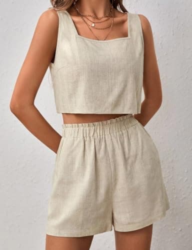 IDEALSANXUN Women's Cropped Linen Tank Tops Casual Square Neck Summer Shirt
