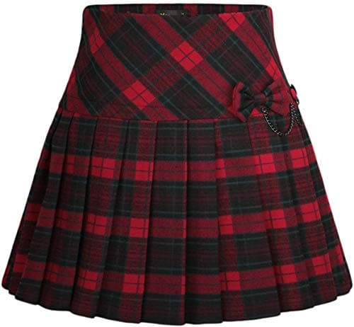 Chouyatou Women's Plaid Wool Blend A-Line Pleated Skirt with Side Zipper — 65red