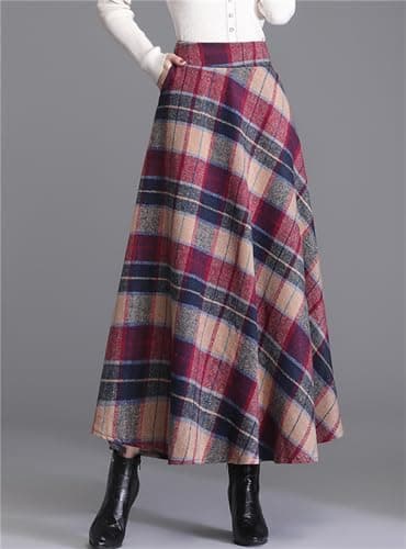 SANGTREE Women's High-Waist Flared Tartan Wool Skirt
