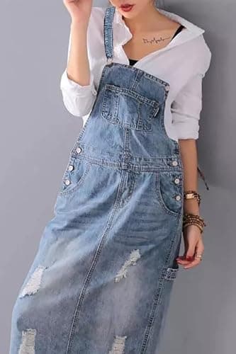 YOEASY Women's Distressed Denim Overall Dress