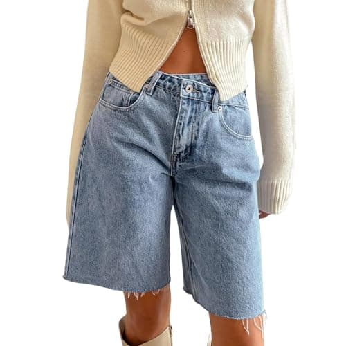 Giraropa Women's Vintage Baggy Denim Bermuda Shorts with Pockets — Sky Blue