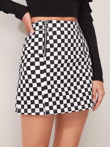 WDIRARA Women's Elegant Mid-Waist Plaid O-Ring Zipper Mini Skirt