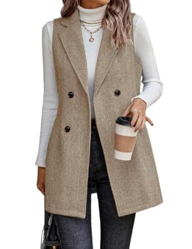 IDEALSANXUN Women's Sleeveless Tweed Long Vest Fall Jacket Cardigan Outerwear — Light Brown