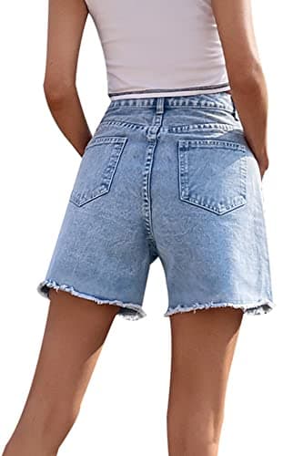 GOLDPKF Women's Mid-Waist Frayed Stretch Denim Shorts