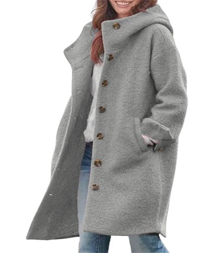 Chouuya Women's Winter Casual Long Wool Coat with Hood — Gray
