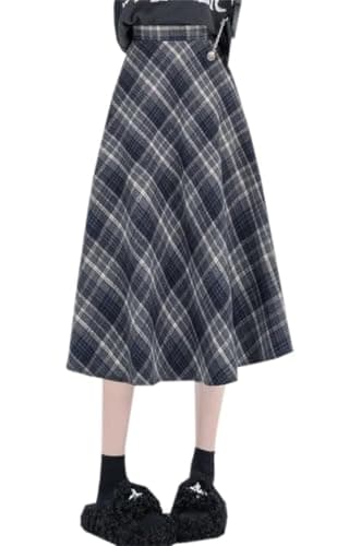 SANGTREE Women's High-Waist Flared Tartan Wool Skirt — 29653# Dark Blue