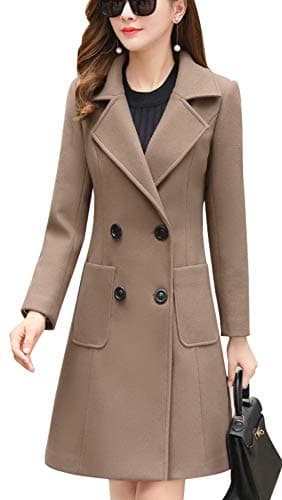 Chouyatou Women's Elegant Notched Collar Double Breasted Wool Blend Coat