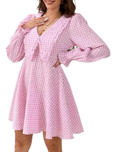 IDEALSANXUN Plaid Long Sleeve Sundress for Women — Pink