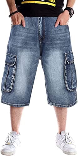 IDEALSANXUN Men's Baggy Casual Long Denim Jorts Shorts Loose Fit Trendy Styles — Indigo/Cargo