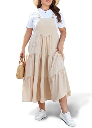 Moon Wood Plus Size Bib Overall Dress with Pockets Summer Casual — Beige