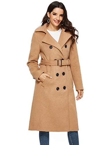 Womens Wool Double Breasted Pea Coat Winter Trench with Belt — Camel
