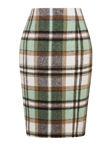 Womens Plaid Wool Pencil Skirt for Fall and Winter — Green 02