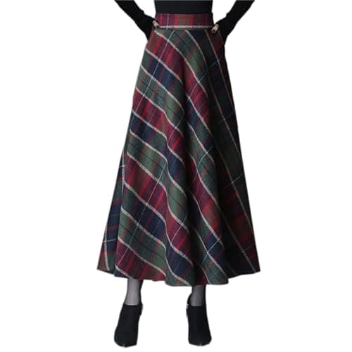 SANGTREE Women's High-Waist Flared Tartan Wool Skirt — Red Green