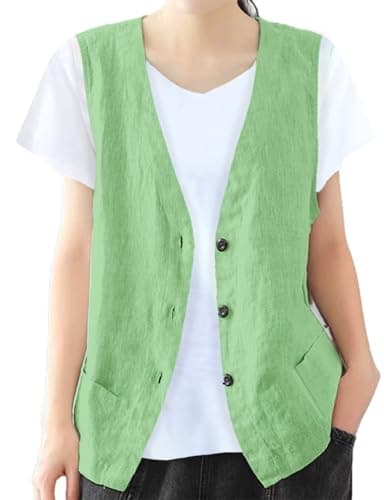 Women's Cotton Linen Vest Lightweight Jacket — Light Green