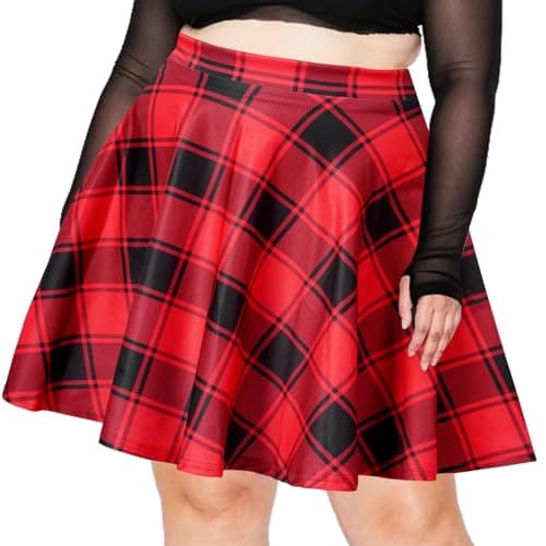 Moon Wood Plus Size High Waisted Mini Plaid Pleated Skirt — Red & Black