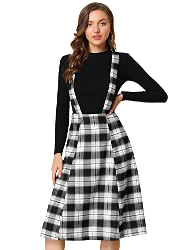 Allegra K Women's Vintage Tartan Suspender Midi Dress High Waist A-Line — Black Plaid