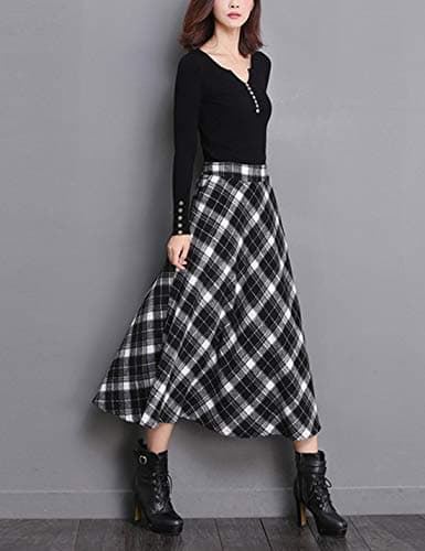 Women's Winter Wool Plaid A-Line Pleated Long Skirt