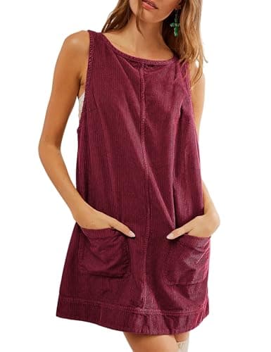 Hooever Women's Corduroy Overall Mini Dress with Pockets — Winered