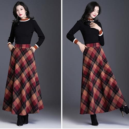BININBOX Women's Vintage Plaid Maxi Wool Skirt Elastic Waist