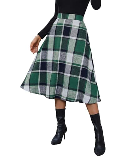 Pemieer High-Waist Wool A-Line Tartan Midi Skirts