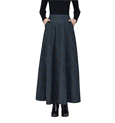 Artykey Women's High Waist Warm Plaid Wool Maxi Skirt S-3XL — A Blue Grey