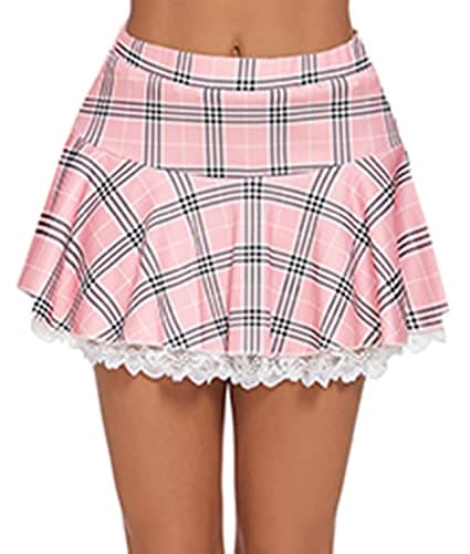 Avidlove Women's Mini Pleated Lace Ruffle Skirt — Pink Mixed White
