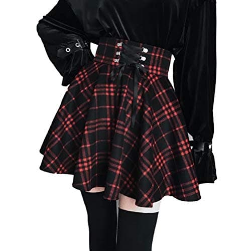 Lunoakvo Women's High Waisted Flare Mini Black Red Plaid Skirt Dress