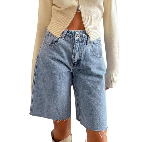 Winioder Y2K Wide Leg Denim Jean Shorts for Women — Sky Blue