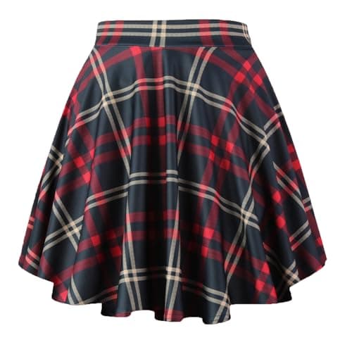 Women's Mini Flared A-Line Stretchy Party Skirts with Shorts — Navy Red Plaid