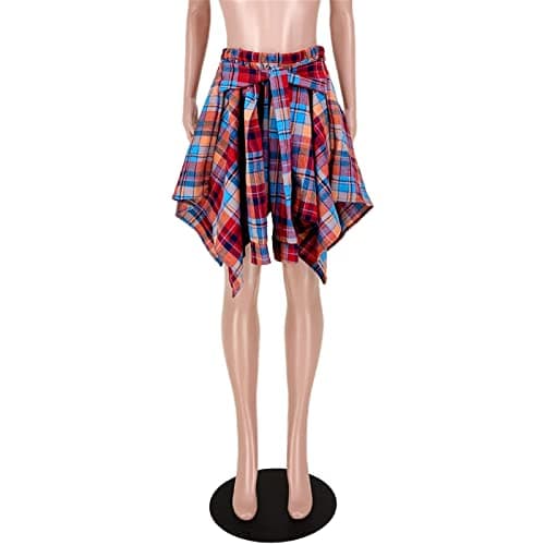Atyfuniby Women's High-Waisted Plaid Mini Skater Skirt with Knot Front Hem