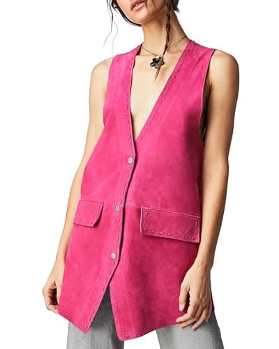 Locachy Women's Steampunk Suede Vest with Pockets Casual Button Down — Rose