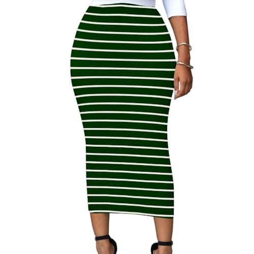 Lrady Women's High Waist Slim Maxi Pencil Skirts for Night Out Party — Striped (Green and White)