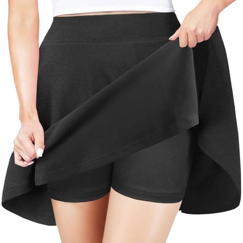 PUKAVT Women's A-Line Mini Flared Stretchy Skater Party Skirt — Black With Shorts