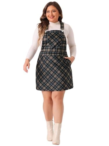 Agnes Orinda Plus Size Adjustable Straps Vintage Plaid Pinafore Dress