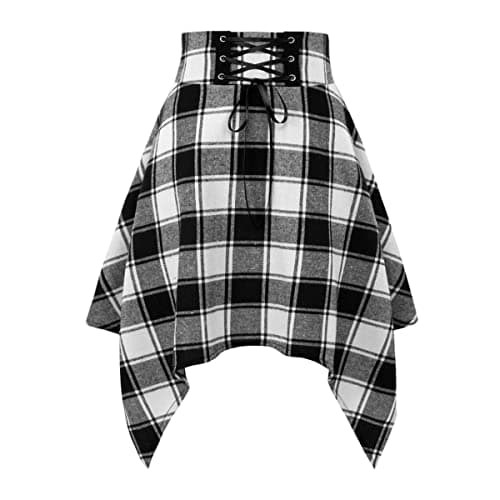 IDEALSANXUN High Waisted Plaid A-Line Asymmetrical Lace-Up Short Skirt for Women — Black